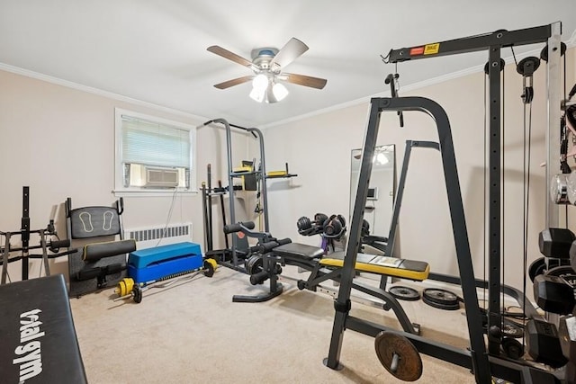 37 Remson St, Valley Stream, NY 11580 - exercise area featuring radiator heating unit, a ceiling fan, cooling unit, crown molding, and carpet floors