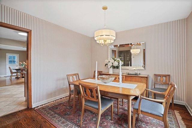 23 Hilldale Rd, Dobbs Ferry, NY 10522 - dining area featuring wallpapered walls, wood finished floors, a chandelier, and baseboards