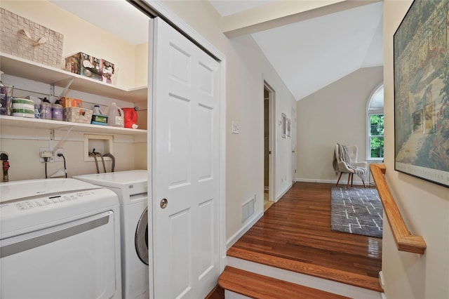 23 Hilldale Rd, Dobbs Ferry, NY 10522 - laundry area with washing machine and dryer and wood finished floors