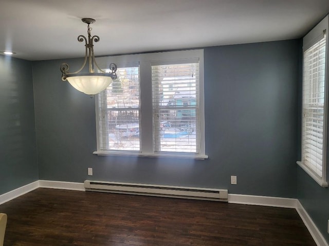 unfurnished dining area with baseboards, dark wood-style floors, and a baseboard radiator