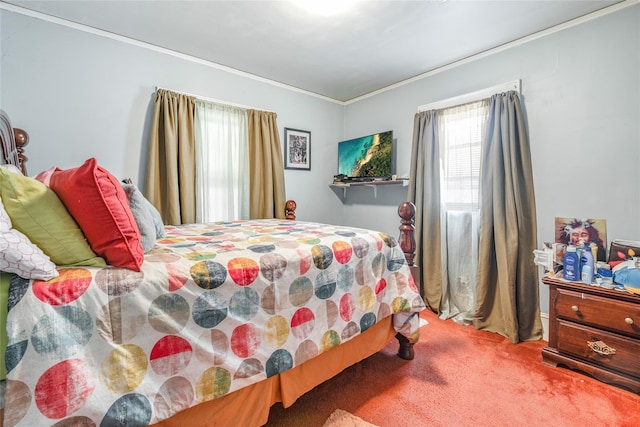 carpeted bedroom with ornamental molding