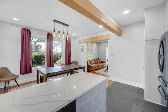 92 Ridgewood Ave, Yonkers, NY 10704 - kitchen featuring baseboards, freestanding refrigerator, recessed lighting, and beam ceiling