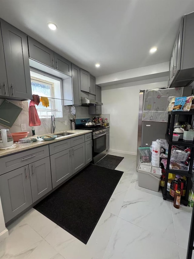25-19 120th St, College Point, NY 11356 - kitchen featuring stainless steel range with electric stovetop, a sink, under cabinet range hood, marble finish floor, and gray cabinetry