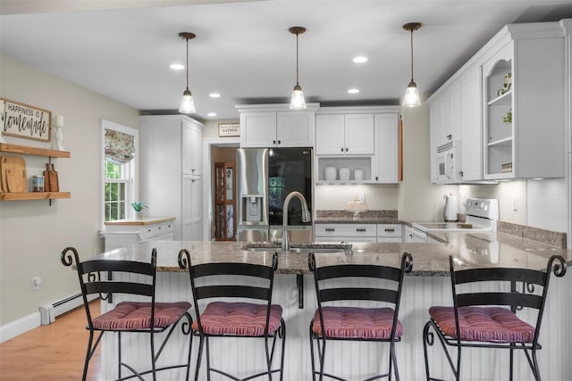 2 Jean Way, Purdys, NY 10578 - kitchen with open shelves, white appliances, a sink, a peninsula, and recessed lighting