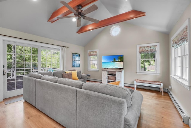 2 Jean Way, Purdys, NY 10578 - living area featuring a baseboard radiator, light wood finished floors, a baseboard heating unit, high vaulted ceiling, and beamed ceiling