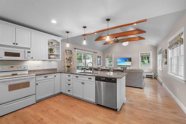2 Jean Way, Purdys, NY 10578 - kitchen with white appliances, a sink, open shelves, a peninsula, and ceiling fan