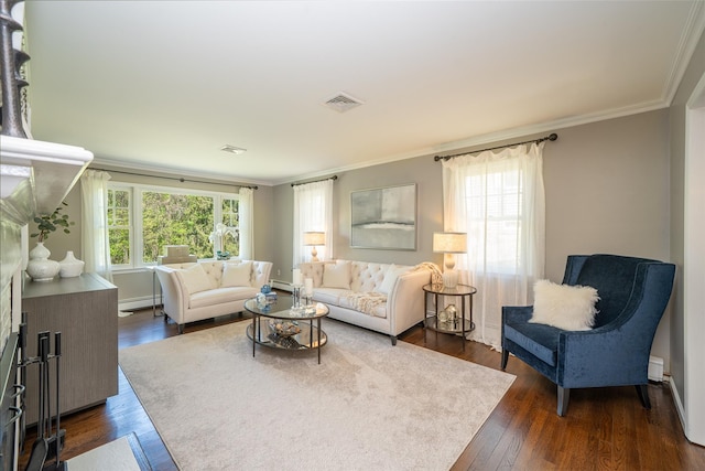 living area featuring visible vents, a baseboard radiator, a wealth of natural light, and ornamental molding