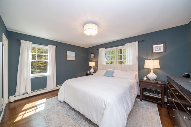 bedroom featuring a baseboard radiator, wood finished floors, and multiple windows