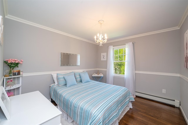bedroom featuring crown molding, wood finished floors, baseboards, a baseboard radiator, and a notable chandelier