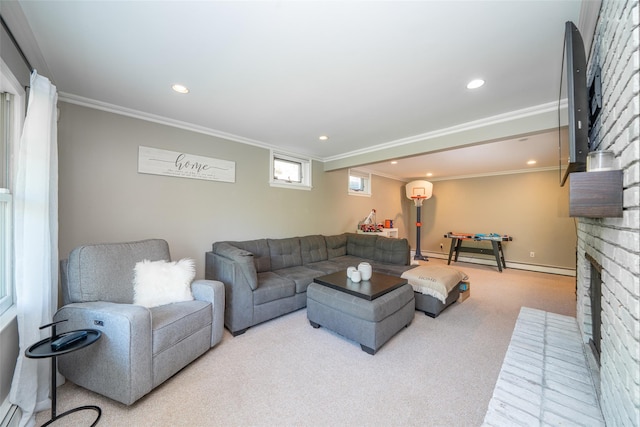 living room featuring carpet floors, recessed lighting, crown molding, and a fireplace