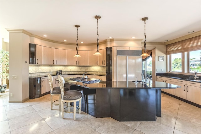 136 The Helm, East Islip, NY 11730 - kitchen with dark countertops, a center island, decorative backsplash, light brown cabinets, and ornamental molding