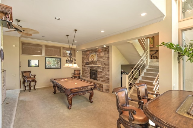 136 The Helm, East Islip, NY 11730 - game room featuring a fireplace, carpet floors, billiards table, recessed lighting, and crown molding