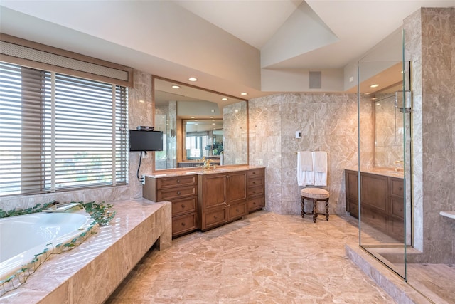 136 The Helm, East Islip, NY 11730 - full bath with vanity, tile walls, a bath, an enclosed shower, and marble finish flooring