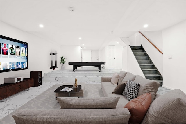 179-55 Anderson Rd, Jamaica, NY 11434 - living room with recessed lighting, marble finish floor, and stairway