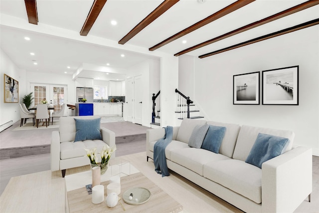 179-55 Anderson Rd, Jamaica, NY 11434 - living area featuring recessed lighting, beamed ceiling, stairs, and light wood-style flooring