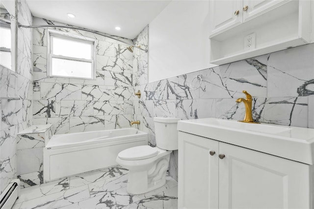 179-55 Anderson Rd, Jamaica, NY 11434 - bathroom with shower / bathtub combination, a baseboard heating unit, toilet, tile walls, and marble finish floor