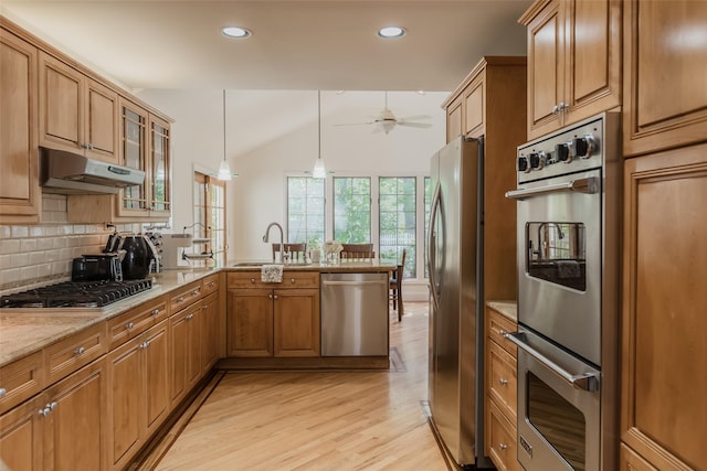 kitchen featuring light wood-type flooring, a sink, a peninsula, under cabinet range hood, and stainless steel appliances
