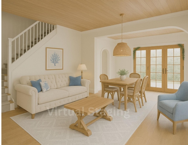 444 W Olive St, Long Beach, NY 11561 - living area featuring french doors, ornamental molding, wood ceiling, and stairway