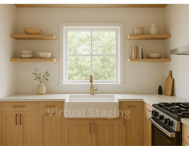 444 W Olive St, Long Beach, NY 11561 - kitchen with range with gas stovetop, open shelves, light brown cabinetry, light countertops, and a sink