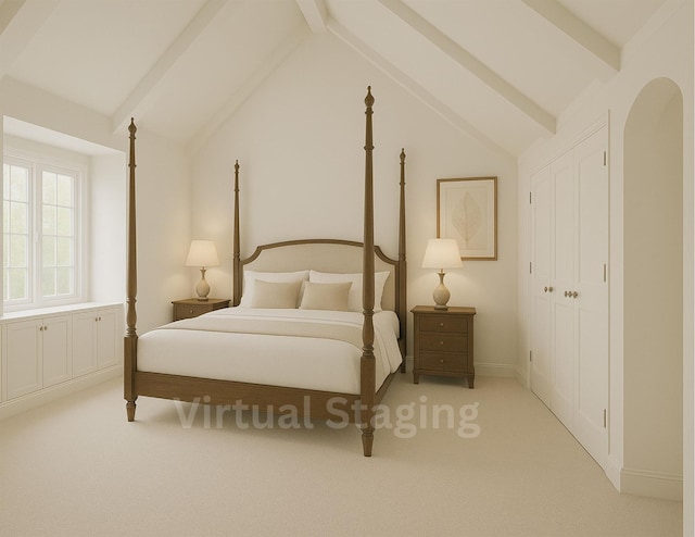 444 W Olive St, Long Beach, NY 11561 - bedroom featuring baseboards, lofted ceiling with beams, and light carpet
