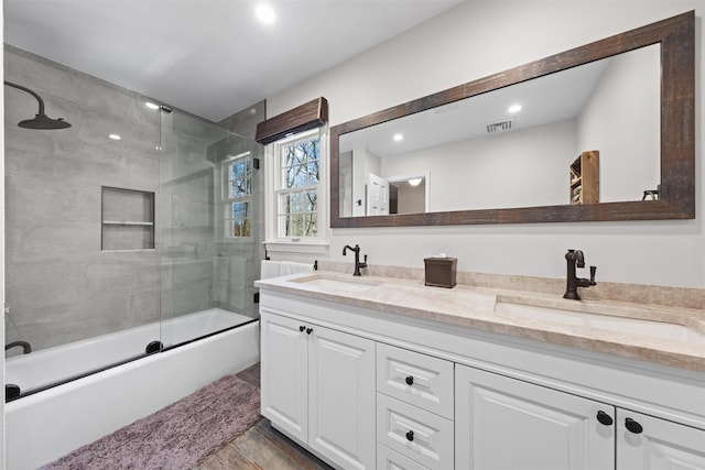 8 Richard Somers Rd, Granite Springs, NY 10527 - full bathroom featuring a sink, double vanity, bath / shower combo with glass door, and visible vents