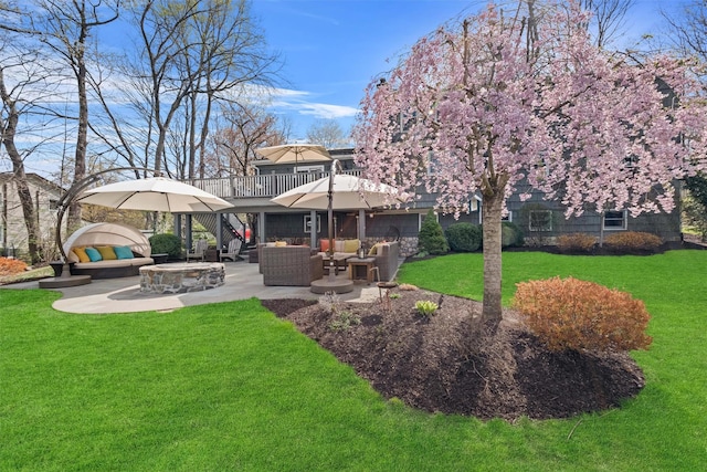 8 Richard Somers Rd, Granite Springs, NY 10527 - view of yard with an outdoor living space with a fire pit, a patio area, stairs, and a wooden deck