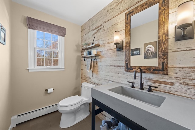 8 Richard Somers Rd, Granite Springs, NY 10527 - half bath featuring wood walls, tasteful backsplash, toilet, a baseboard heating unit, and tile patterned flooring
