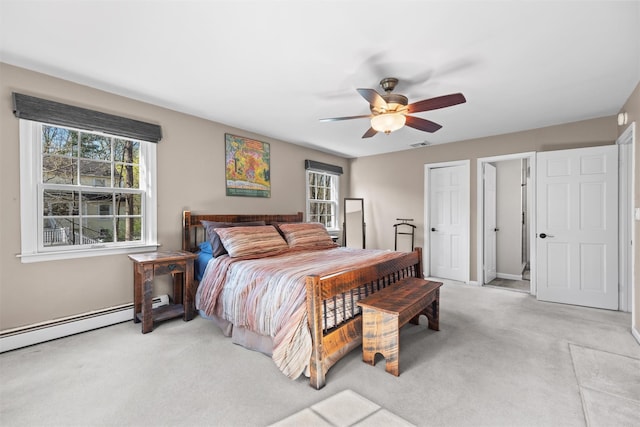 8 Richard Somers Rd, Granite Springs, NY 10527 - bedroom with light colored carpet, visible vents, a baseboard radiator, and ceiling fan