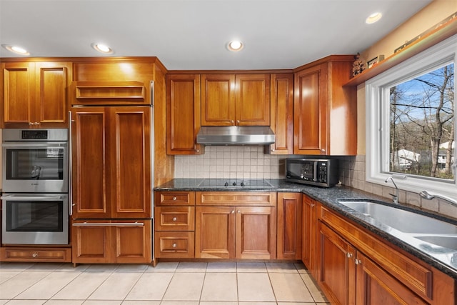 8 Richard Somers Rd, Granite Springs, NY 10527 - kitchen featuring a sink, paneled refrigerator, double oven, under cabinet range hood, and backsplash