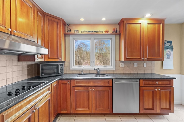 8 Richard Somers Rd, Granite Springs, NY 10527 - kitchen with a sink, black electric cooktop, brown cabinetry, stainless steel dishwasher, and under cabinet range hood