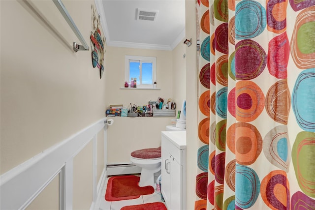 full bathroom featuring crown molding, baseboard heating, vanity, toilet, and visible vents