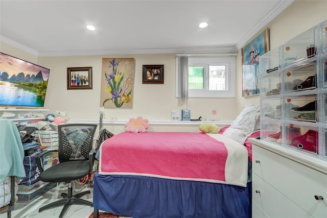 bedroom featuring ornamental molding and recessed lighting
