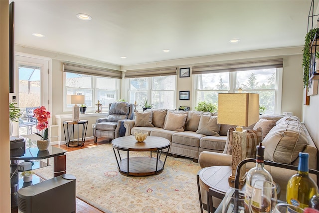 living area with a healthy amount of sunlight, recessed lighting, and wood finished floors