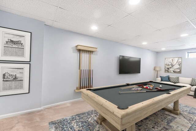 playroom featuring baseboards, carpet flooring, a paneled ceiling, and pool table