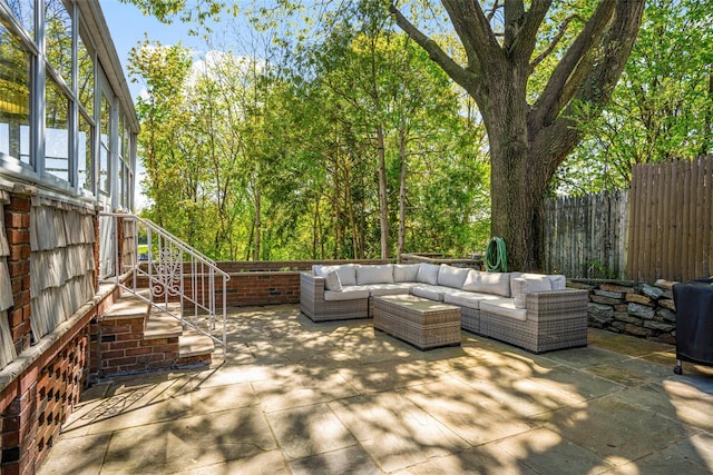 120 Loomis Ave, Yonkers, NY 10704 - wooden terrace featuring outdoor lounge area, a patio area, fence, and stairs