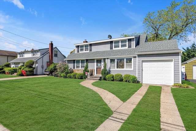 view of front of property featuring a front yard, roof with shingles, a garage, driveway, and a chimney