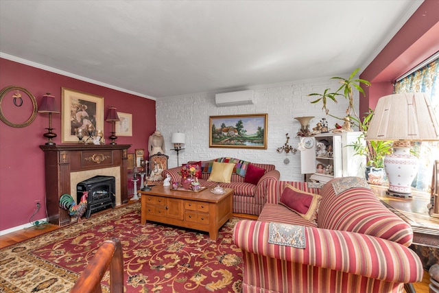 living area featuring a wall mounted air conditioner, ornamental molding, and a wood stove