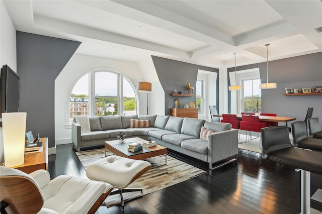 living room featuring wood-type flooring, plenty of natural light, and coffered ceiling