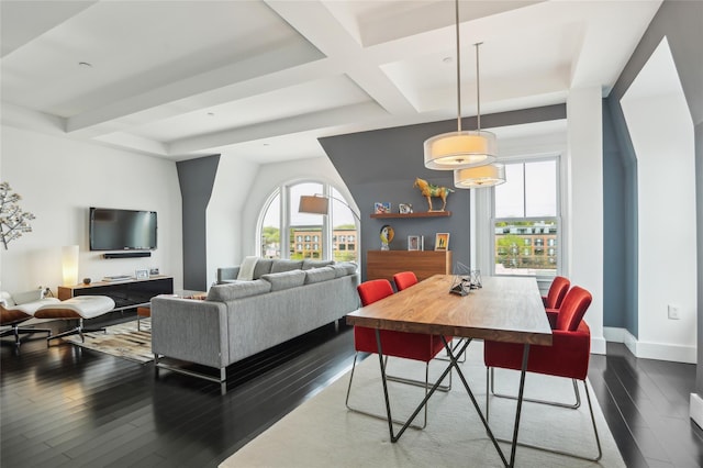 dining space with baseboards, beamed ceiling, coffered ceiling, and dark wood-style floors