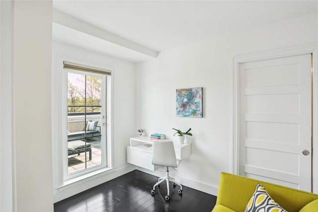 office with baseboards and dark wood finished floors
