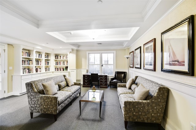 carpeted living room with crown molding