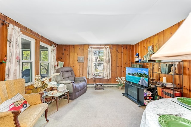 living area featuring baseboard heating, wood walls, and carpet floors