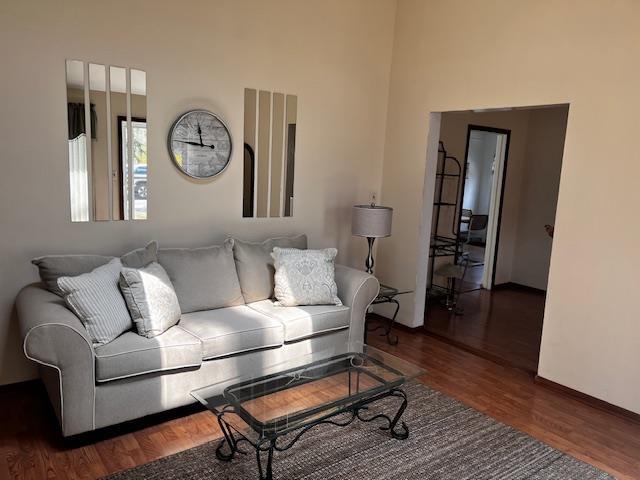 living area with wood finished floors, a high ceiling, and baseboards