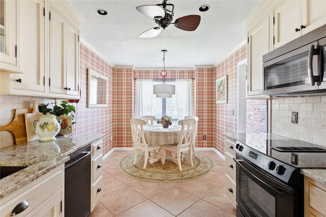 kitchen featuring electric range, stainless steel microwave, wallpapered walls, ornamental molding, and dishwashing machine