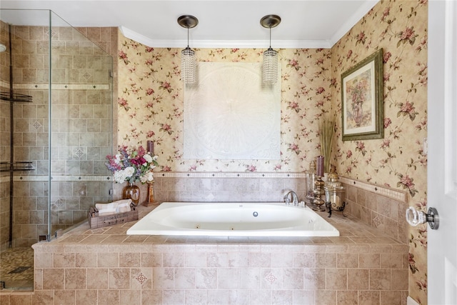 full bathroom with crown molding, wallpapered walls, a shower stall, and a bath