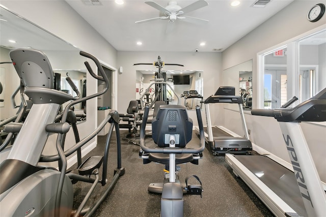 workout area featuring recessed lighting, ceiling fan, and visible vents