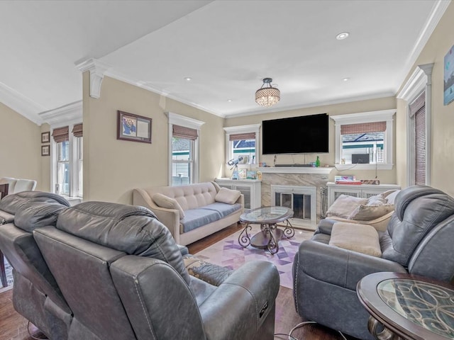 565 Baldwin Ave, North Baldwin, NY 11510 - living area featuring recessed lighting, ornamental molding, wood finished floors, and a high end fireplace