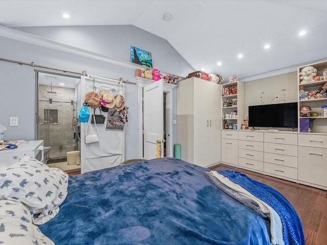 565 Baldwin Ave, North Baldwin, NY 11510 - bedroom with recessed lighting, ensuite bathroom, wood finished floors, and vaulted ceiling