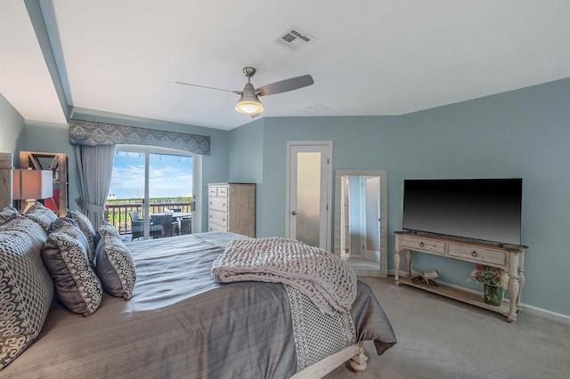 carpeted bedroom with access to outside, ceiling fan, visible vents, and baseboards