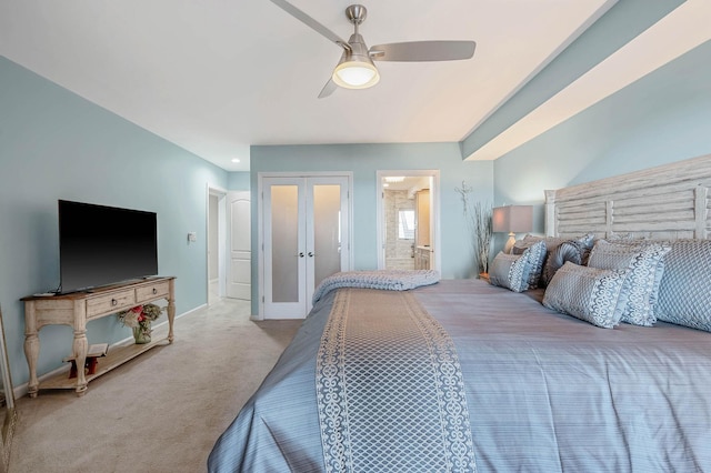 bedroom featuring carpet floors, baseboards, ceiling fan, recessed lighting, and french doors